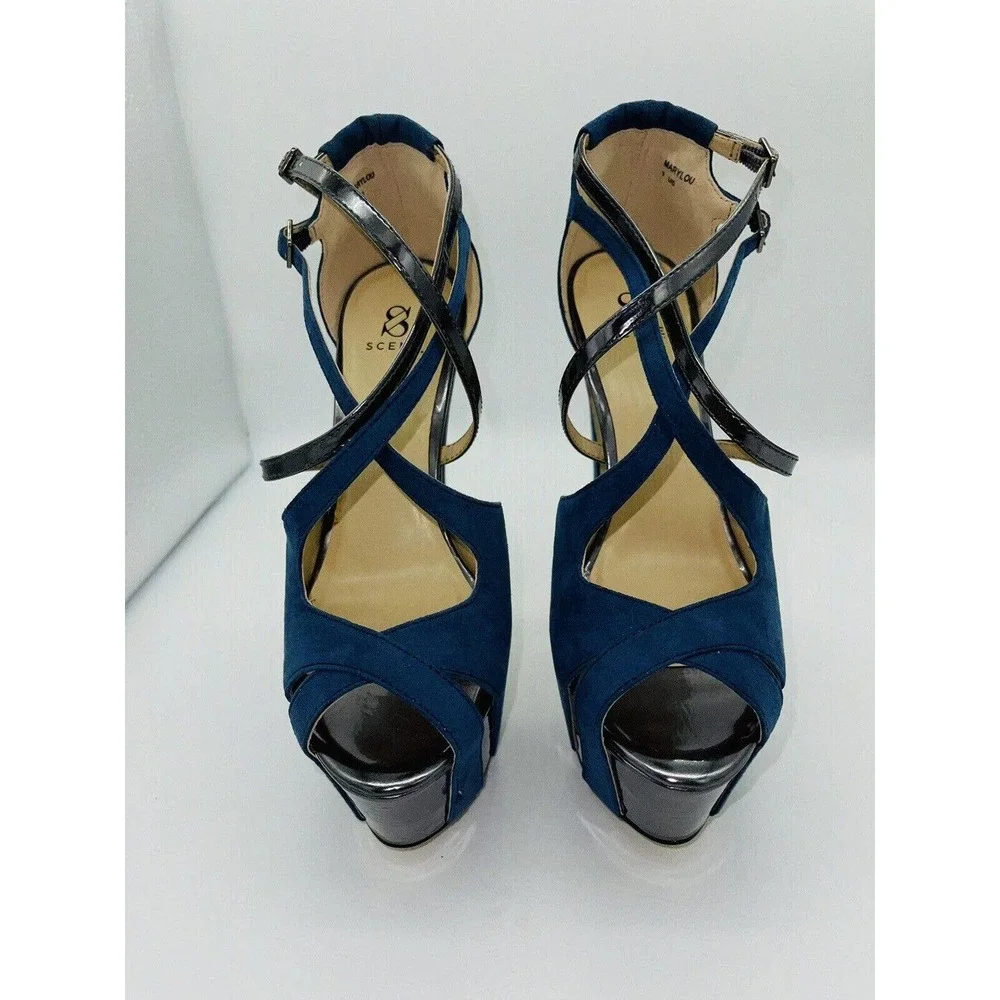 Scene “Marylou” Platform Wedge 5” Heels Blue Suede w/ Silver Accents 7M Open Toe